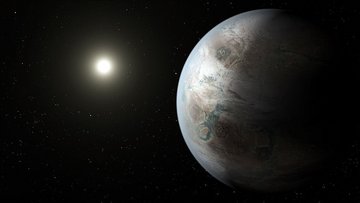 Künstlerische Darstellung eines erdähnlichen Planeten, im Hintergrund sein Zentralstern.