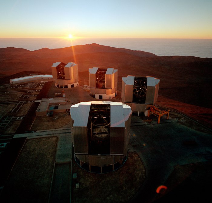 Blick von oben auf die vier Teleskop-Hallen des VLT mit halb geöffneten Hallendächern durch die die Teleskope zu sehen sind. Im Hintergrund sieht man die Wüstenlandschaft der Atacamawüste in der Abenddämmerung.
