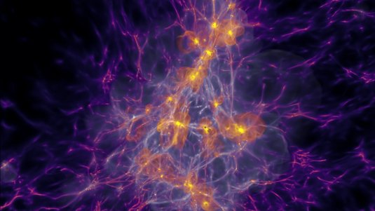 Violettes netzartiges Gebilde im All, das an manchen Punkten gelb und weiß aufleuchtet