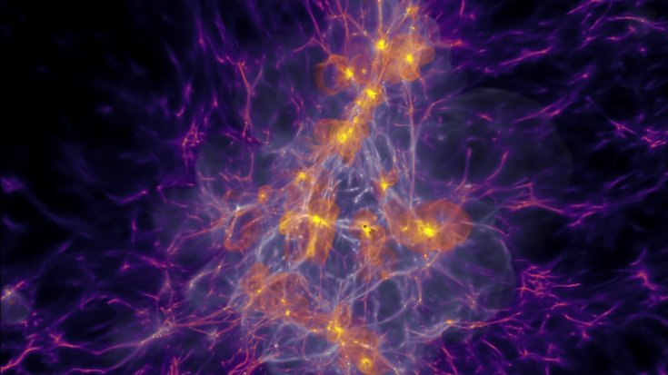 Violettes netzartiges Gebilde im All, das an manchen Punkten gelb und weiß aufleuchtet