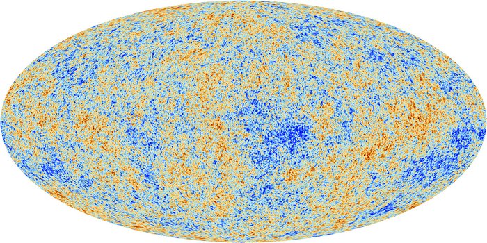 Eine ovale Karte zeigt den kosmischen Mikrowellenhintergrund anhand verschiedener Farben an. Die Farben stellen die Temperaturschwankungen dieser Strahlung dar; in blauen Regionen ist sie ein wenig kälter, in roten Regionen ein wenig wärmer.