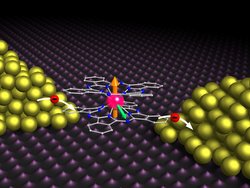 Künsterische Darstellung, in der Mitte steht eine Molekülstruktur, die ein Ion umschließt, das als rote Kugel dargestellt ist. Von der Kugel gehen ein orangefarbener und eine grüner Pfeil aus, die Elektronenspin und Kernspin darstellen. Rechts und links liegen die Goldelektroden, die als Ansammlung gelber Kugeln gezeigt sind. Elektronen springen von einer Elektrode über das Molekül zur anderen Elektrode.