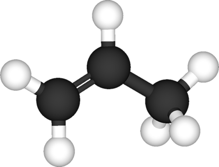 Propen-Molekül Drei große, miteinander verbundene Kugeln, an denen jeweils ein, zwei und drei kleinere, helle Kugeln hängen.