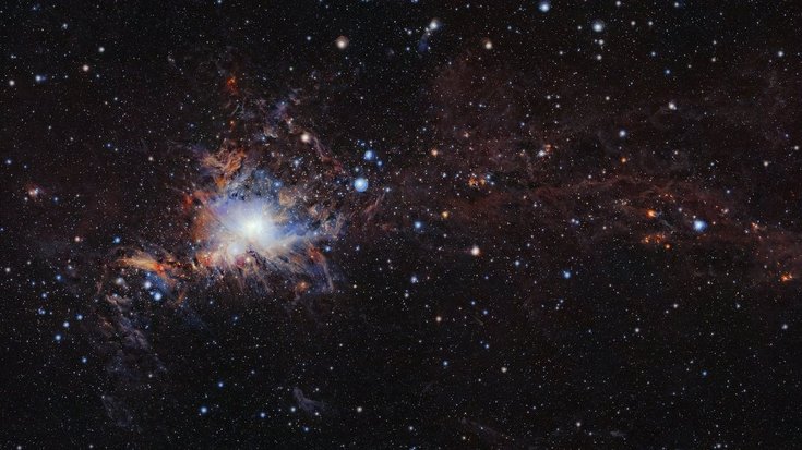 Molekülwolke Orion A aus Sicht des Teleskops VISTA | Bildquelle: ESO/VISION survey Ballungszentrum verschiedener heller Sterne im All