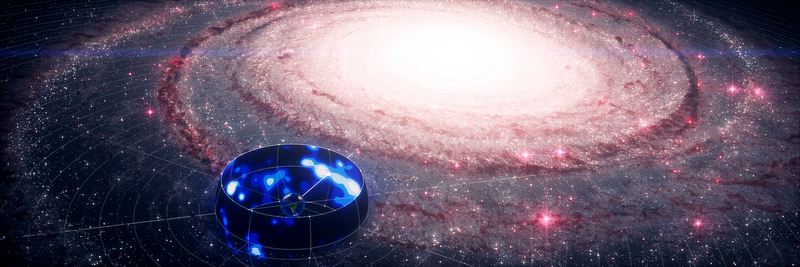 Leuchtende Spiralgalaxie mit einem vergrößerten Ausschnitt, der blaue Leuchtpunkte zeigt.