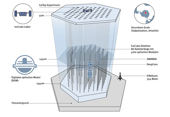 Die Grafik zeigt den Aufbau des IceCube-Observatoriums in der Antarktis, von der Eisoberfläche bis hinunter zum Felsuntergrund. Der Neutrino-Detektor schließt das Volumen eines sechseckigen Prismas ein. Seine 5160 Lichtsensoren sind an 86 Stahltrossen in einer Tiefe zwischen 1450 und 2450 Metern ins Eis eingeschmolzen. Sie ähneln kleinen Perlen, die an vielen parallelen Schnüren hängen. Im zentralen Bereich von IceCube sind der Subdetektor DeepCore und der Vorgänger AMANDA als kleine Zylinder dargestellt. In der Mitte der sechseckigen Eisoberfläche steht das zentrale IceCube-Labor, drumherum sind die kreisförmigen IceTop-Tanks regelmäßig verteilt.