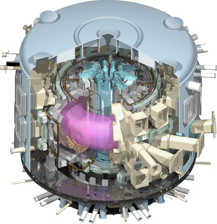 Schemazeichnung eines Querschnitts durch ITER. In der MItte des zylinderförmigen Aufbaus ist der aufgeschnittene Plasmaring zu sehen, darum herum direkte Leitungen und Versorgungstechnik, weitere Technik in Kammern eines äußeren Rings.
