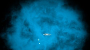 Die künstlerische Darstellung zeigt einen Halo aus heißem Gas, der sich mit einem Durchmesser von mindestens 600 000 Lichtjahren kugelförmig um das Milchstraßensystem herum erstreckt.