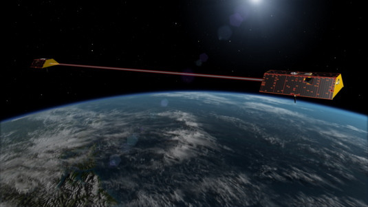 Grafik: Zwei Satelliten in der Erdumlaufbahn sind durch eine rote Linie miteinander verbunden