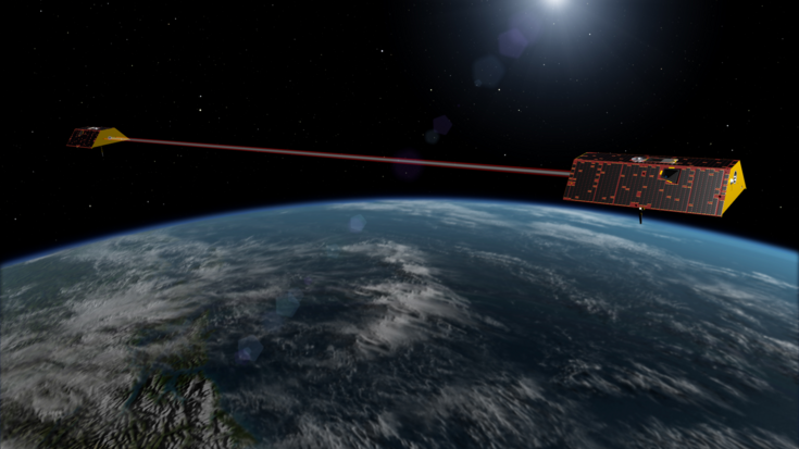 Grafik: Zwei Satelliten in der Erdumlaufbahn sind durch eine rote Linie miteinander verbunden