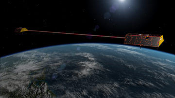 Grafik: Zwei Satelliten in der Erdumlaufbahn sind durch eine rote Linie miteinander verbunden