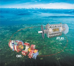 Schematische Skizze der Lage des LHC Tunnels in der Landschaft. Die Detektoren der Experimente CMS und ATLAS sind an ihren Stellen überdimensional dargestellt.