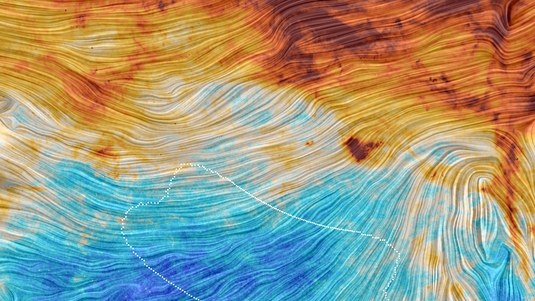 Farben von rot bis blau stellen die Strahlung des Staubes da, während hingegen strukturierte Linien das magnetische Feld der Galaxis anzeigen