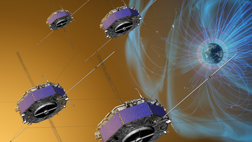 Die vier MMS-Satelliten auf ihrem Weg am Rande des Erdmagnetfelds (künstlerische Illustration)