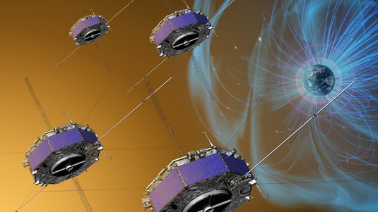 Die vier MMS-Satelliten auf ihrem Weg am Rande des Erdmagnetfelds (künstlerische Illustration)