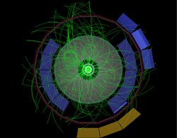 Zu sehen sind Teilchenspuren, eingefäbrt in hellgrün, die von der Mitte aus in alle Richtungen deuten. Dahinter ist der Aufbau des Detektors angedeutet.