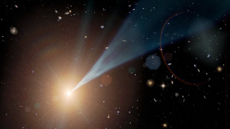 Helle Strahlungsquelle inmitten von Sternen und Galaxien. Von dem hellen Objekt geht ein nach vorn gerichteter gebündelter Strahl aus.