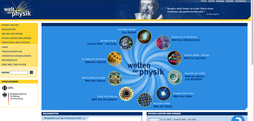Die Startseite von Welt der Physik von 2006 bis 2009