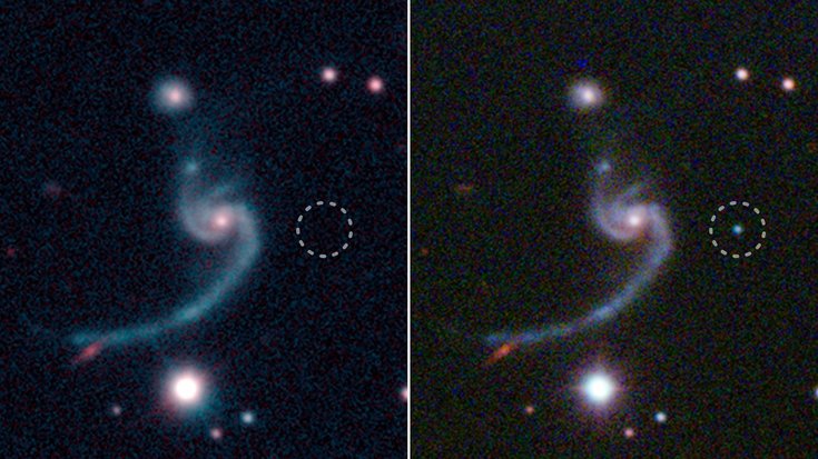 Ungewöhnliche Supernova | Bildquelle: NASA/JPL-Caltech/R. Hurt Zwei Aufnahmen einer Spiralgalaxie mit markierter Supernova.