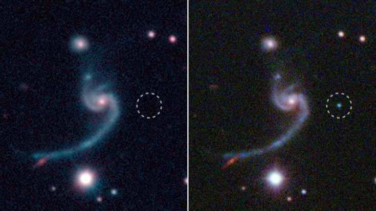 Zwei Aufnahmen einer Spiralgalaxie mit markierter Supernova.