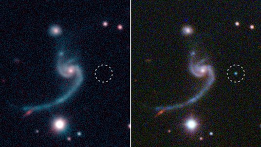 Zwei Aufnahmen einer Spiralgalaxie mit markierter Supernova.