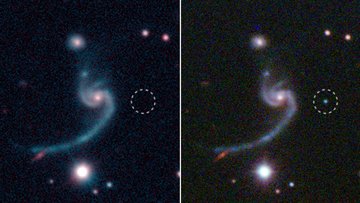 Zwei Aufnahmen einer Spiralgalaxie mit markierter Supernova.