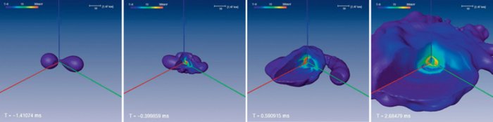 Computersimulation von zwei verschmelzenden Neutronensternen: zwei blaue annähernd kugelförmige Objekte nähern sich und verschmelzen Schritt für Schritt zu einer großen Wolke.