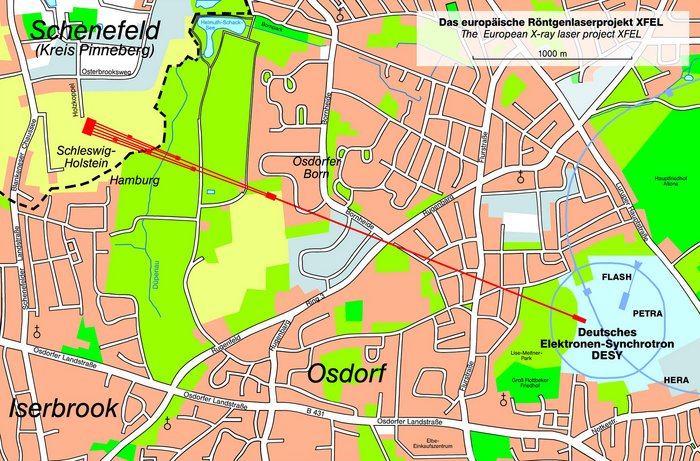 Ausschnitt aus einer Straßenkarte von Hamburg mit den Stadtteilen Bahrenfeld, Osdorf und Iserbrook sowie der angrenzenden Stadt Schenefeld in Schleswig-Holstein. Eingezeichnet ist das Forschungszentrum DESY mit den Kreisbeschleunigern PETRA und HERA sowie der Verlauf des geplanten Röntgenlasers XFEL. Dieser verläuft von DESY aus schnurgerade bis in den Süden von Schenefeld.
