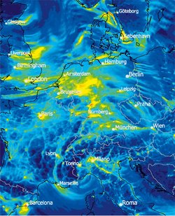 Karte von Mitteleuropa, in der die Verteilung von Stickstoffdioxid mit verschiedenen Farben gekennzeichnet ist. Die gelben Bereiche liegen vor allem über Deutschland, den Niederlanden, Belgien und Großbritannien.
