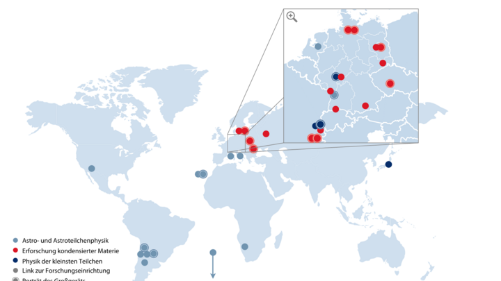Weltkarte, auf der die Positionen der Forschungsinfrastrukturen markiert sind
