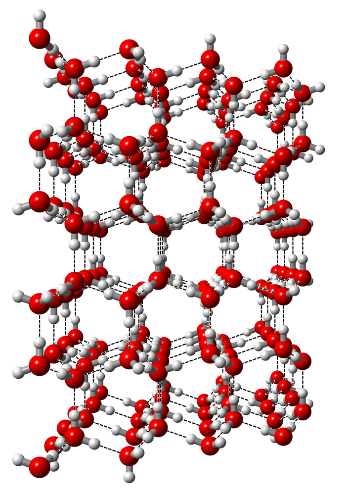 Struktur von hexagonalem Eis Die mikroskopische Struktur von Eis ist anhand von roten und weißen Kugeln dargestellt. Die großen roten Kugeln sind Sauerstoffatome, die über graue Stäbe mit kleinen weißen Kugeln, den Wasserstoffatomen verbunden sind. Das Ganze hat eine sechseckige Anordnung zusammen mit anderen Wassermolekülen.