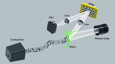 Grafik zur Funktionsweise des Mikrofons: Eine Halogenlampe scheint auf eine Pflanze. Von der Pflanze strahlt das Licht durch eine Linse auf eine schachbrettartige Vorrichtung und von dort durch eine Linse zu einem schwarzen Kasten, der mit PDA bezeichnet ist. Links steht ein Laustprecher, aus dem Töne kommen, angedeutet durch Musiknoten.