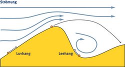 Die Grafik zeigt eine Sandrippel und die Strömungslinien, die sie umfließen. An der Rippelspitze sind die Strömungslinien besonders eng beieinander. Hinter der Rippel bildet sich ein Strömungswirbel. In der Grafik ist auch zu sehen, wie ein Sandkorn von der Strömung den Rippelhang hinaufbefördert wird und wie auf einer Rampe über die Kuppe springt.