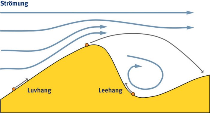 Die Grafik zeigt eine Sandrippel und die Strömungslinien, die sie umfließen. An der Rippelspitze sind die Strömungslinien besonders eng beieinander. Hinter der Rippel bildet sich ein Strömungswirbel. In der Grafik ist auch zu sehen, wie ein Sandkorn von der Strömung den Rippelhang hinaufbefördert wird und wie auf einer Rampe über die Kuppe springt.