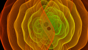 Gravitationswellen, die während der Verschmelzung zweier Schwarzer Löcher abgestrahlt werden.