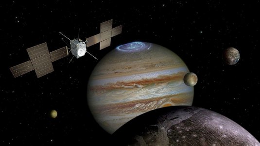 Jupiter im Zentrum umgeben von vier seiner Monde, im Hintergrund die Raumsonde JUICE.