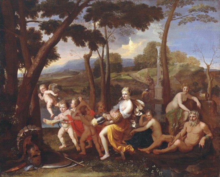 Abb. 1: Poussin, „Armida entführt den eingeschläferten Rinaldo“ Ölgemälde, das eine Gruppe von Menschen vor einigen Bäumen und einer Landschaft im Hintergrund zeigt.
