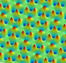 Magnetische Felder in einem zweidimensionalen Spin-Eis. Die rot-orangen Bereiche zeigen positive, die blauen negative Ladungen an. (Falschfarbenbild einer Magnetkraftmikroskop-Aufnahme)