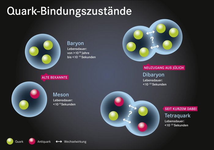 Eine Grafik, die insgesamt vier Quark-Bindungszustände darstellt. Links oben eine Blase mit drei gleichfarbigen Kugeln in ihrem Inneren. Sie symbolisiert ein Baryon. Darunter eine Blase mit zwei verschiedenfarbigen Kugeln, die ein Meson zeigt. Rechts oben das neu entdeckte Hexaquark: Es besteht aus einer sich überlappenden Doppelblase mit sechs gleichfarbigen Kugeln. Die Doppelblase darunter mit vier Kugeln, von denen je zwei die gleiche Farbe haben, steht für ein Tetraquark.