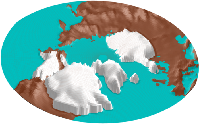 Simulation zu Gletschern auf der Nordhalbkugel Eine grobe Erdkarte, auf den Nordpol gesehen. Weite Teile Nordamerikas und Nordeuopa sind von Eis bedeckt.