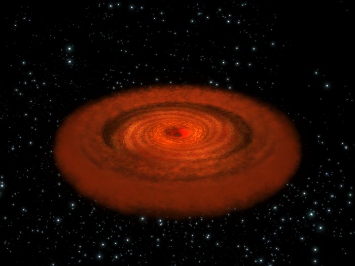 Illustration einer Galaxie mit einem Schwarzen Loch im Zentrum In der Illustration befindet sich vor dem bestirnten Hintergrund des Weltraums eine rötliche, dickliche Scheibe, in deren Mitte ein Trichter angedeutet ist, in den die Materie in der Scheibe offensichtlich wie in einem Strudel hineingezogen wird.