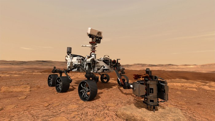 Marsrover Perseverance Ein mit zahlreichen Messinstrumenten ausgestattetes Fahrzeug steht auf der steinigen Oberfläche des Mars.