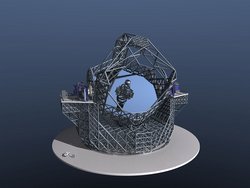 Bild eines Computermodells aus viel Metallverstrebungen und in der Mitte ruhendem runden Spiegel. Der zum Vergleich eingezeichnete Mensch wirkt sehr winzig.
