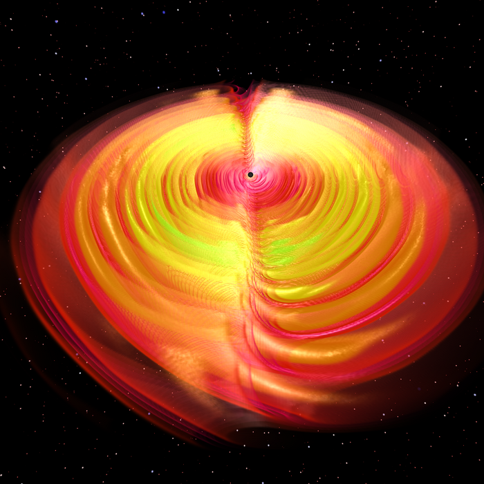 Simulation des ersten Signals Illustration von Schwarzen Löchern mit 29 und 36 Sonnenmassen.