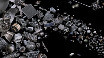 Collage aus zahlreichen Objekten aus der Raumfahrt vor schwarzem Hintergrund. Dargestellt sind ausgediente Satelliten, Raketenstufen, Treibstofftanks, Solarpaneele, Triebwerke und kleinere Metallteile und Schrauben.