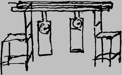 Grafik. Zeichnung von Hand. Dargestellt sind zwei Pendeluhren, die an einem Balken hängen. 