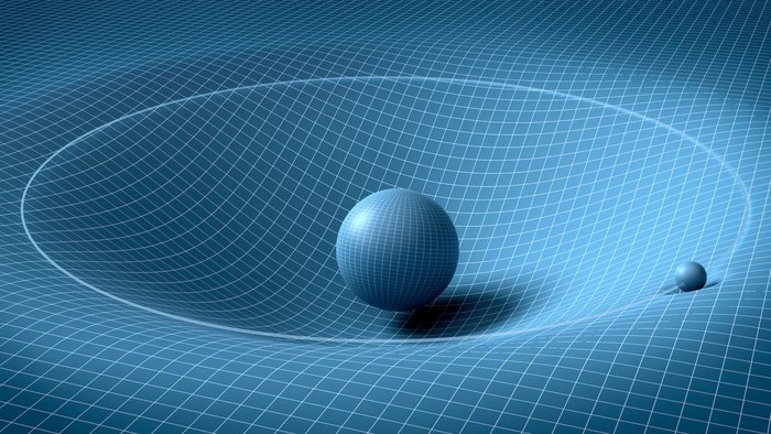 Illustration der Gravitationskraft Die Illustration zeigt eine größere und eine kleinere Kugel, die jeweils eine Delle in einer sonst glatten Fläche hinterlassen.