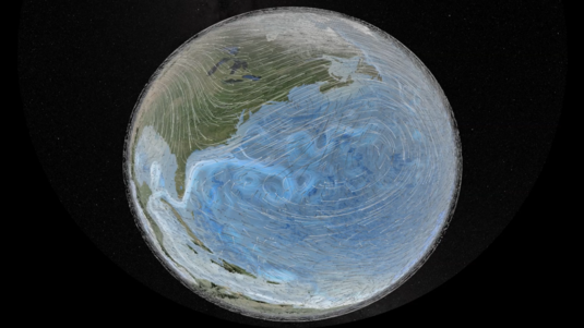 Die Grafik zeigt die Erde im Weltraum. In der Atmosphäre und im Ozean sind die Strömungsrichtungen durch Pfeile veranschaulicht. 