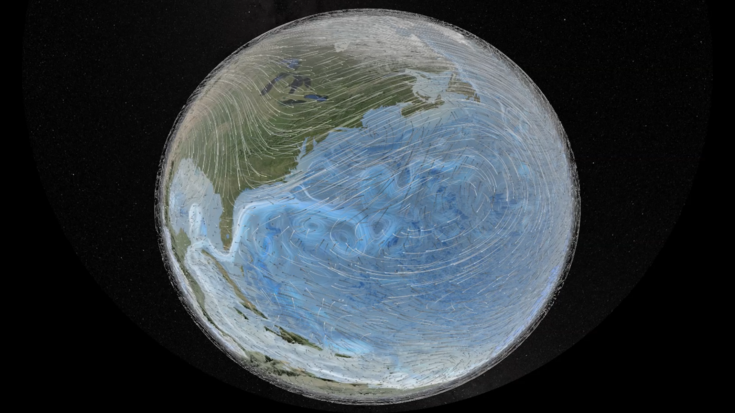 Die Grafik zeigt die Erde im Weltraum. In der Atmosphäre und im Ozean sind die Strömungsrichtungen durch Pfeile veranschaulicht. 