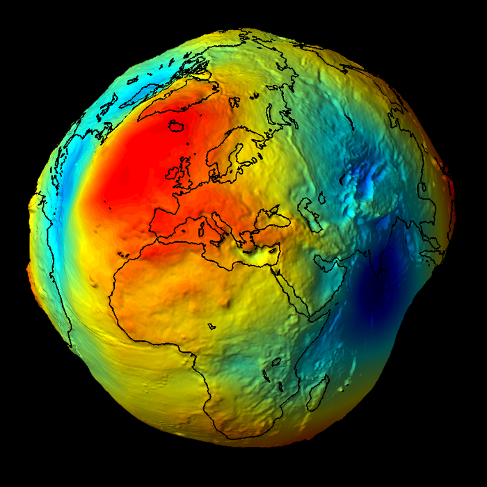 Infografik. Kartoffelförmiger Körper mit Schrammen und Erhebungen. Flächen gleichen Schwerkraftpotentials sind farbig voneinander abgehoben: Der indische Ozean hat demnach ein besonders niedriges Gravitationspotential, im Nordatlantik ist es hoch.